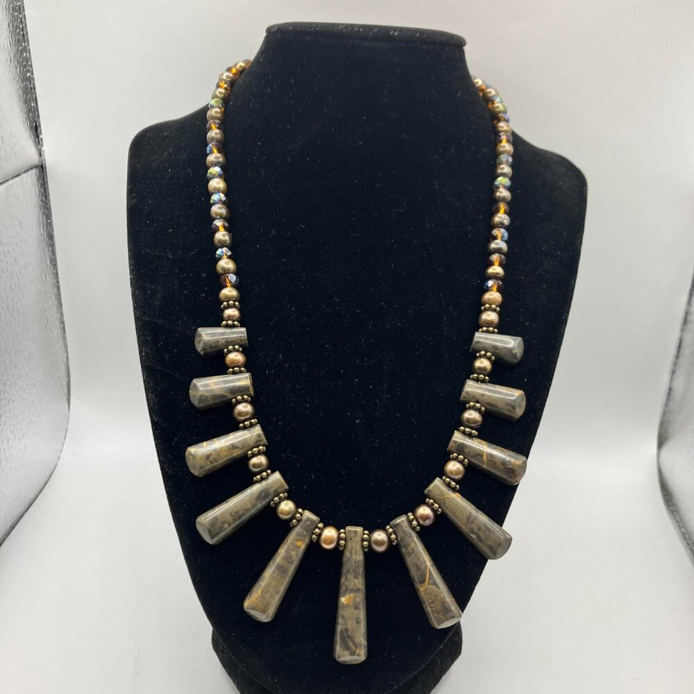 Artisan Natural Bronzite and Pearl Beaded Necklace 19 inches Handmade NEW